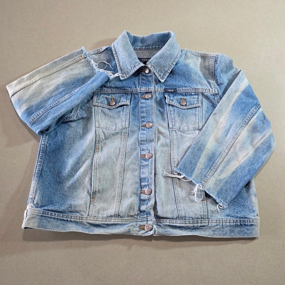 IZOD Jeans Women XL Light Wash Denim Trucker Jacket Raw Hem Cropped Sleeve